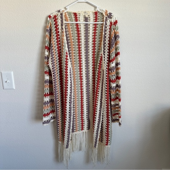 NWOT POL anthropologie crochet knit fringe boho midi cardigan sweater - Picture 2 of 6